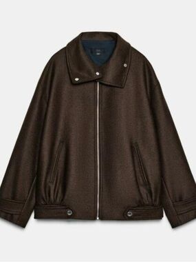 Zara Wool Blend Bomber Jacket with High Neck, Sz Xs